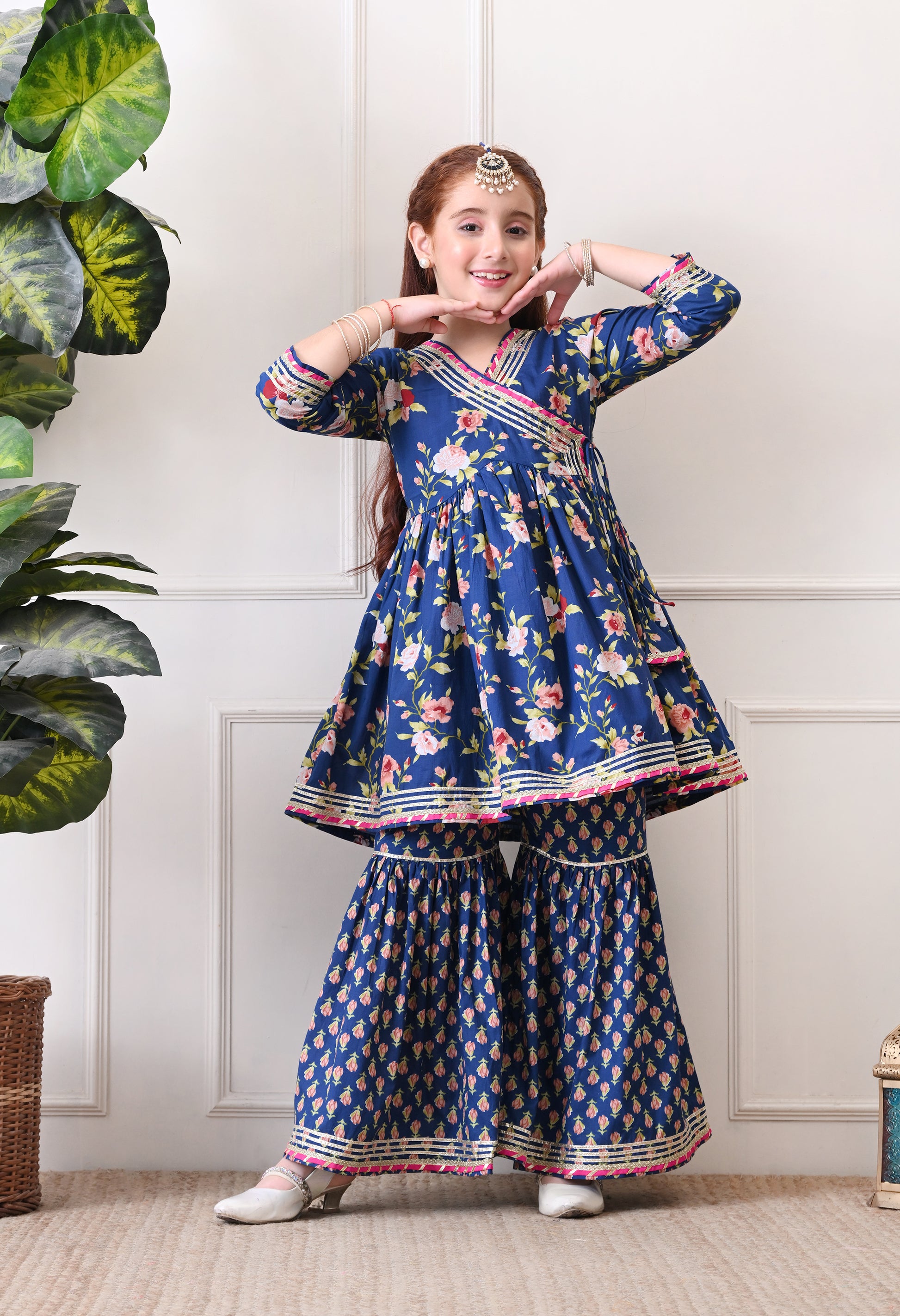 Girl's Navy Blue Floral Peplum Kurta with Printed Sharara Festive Ethnic Set