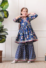 Girl's Navy Blue Floral Peplum Kurta with Printed Sharara Festive Ethnic Set