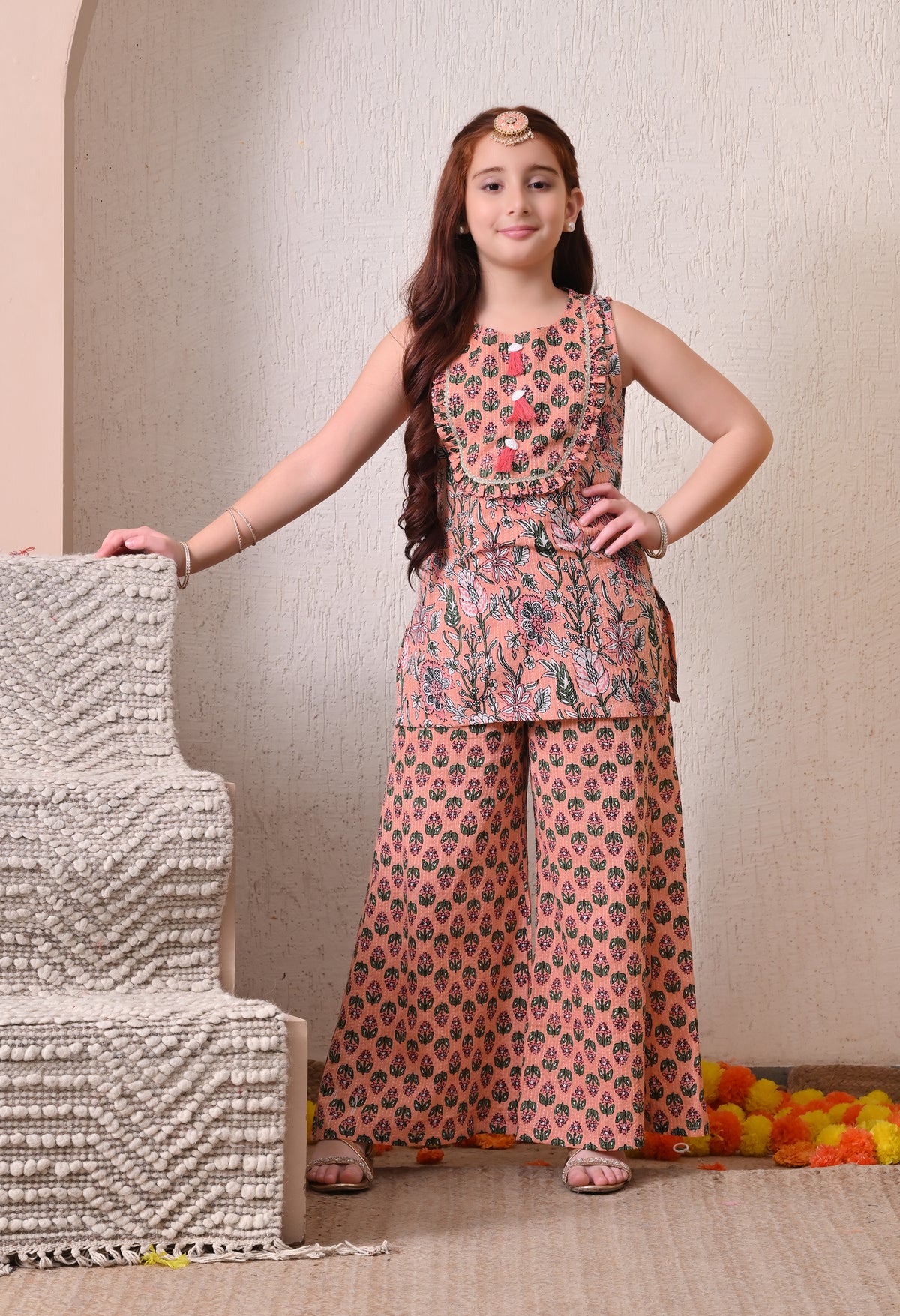 Girls Peach kantha Kurta Sharara set