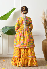 Girl's Yellow Floral Printed Kurta Skirt  Set with Dupatta Festive Ethnic Wear