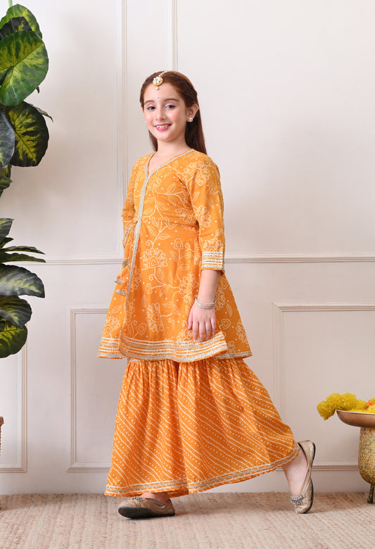 Girl's Mustard Bandhani Print Kurta with Sharara Set Festive Ethnic Ensemble