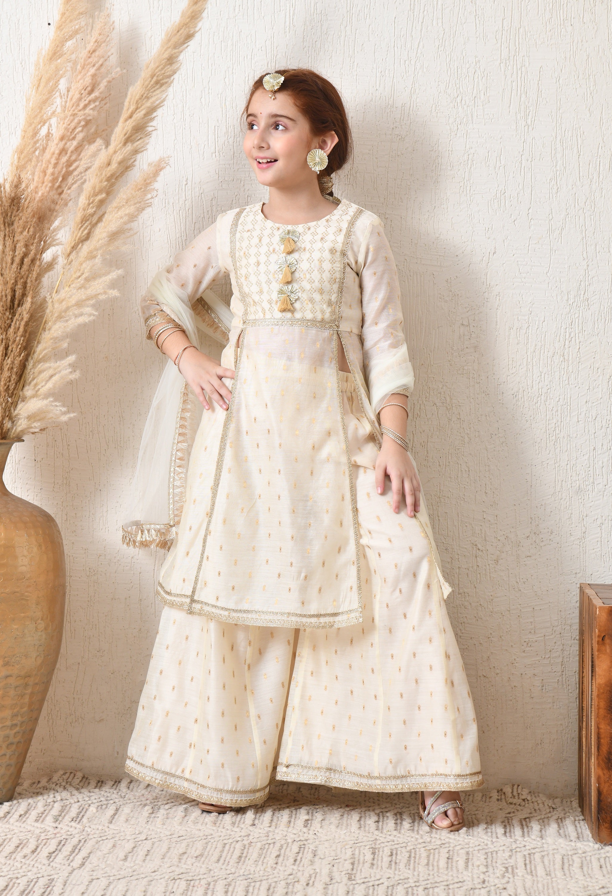 Girls' Cream & Gold Ethnic Sharara Set with Dupatta Festive Wear for Girls