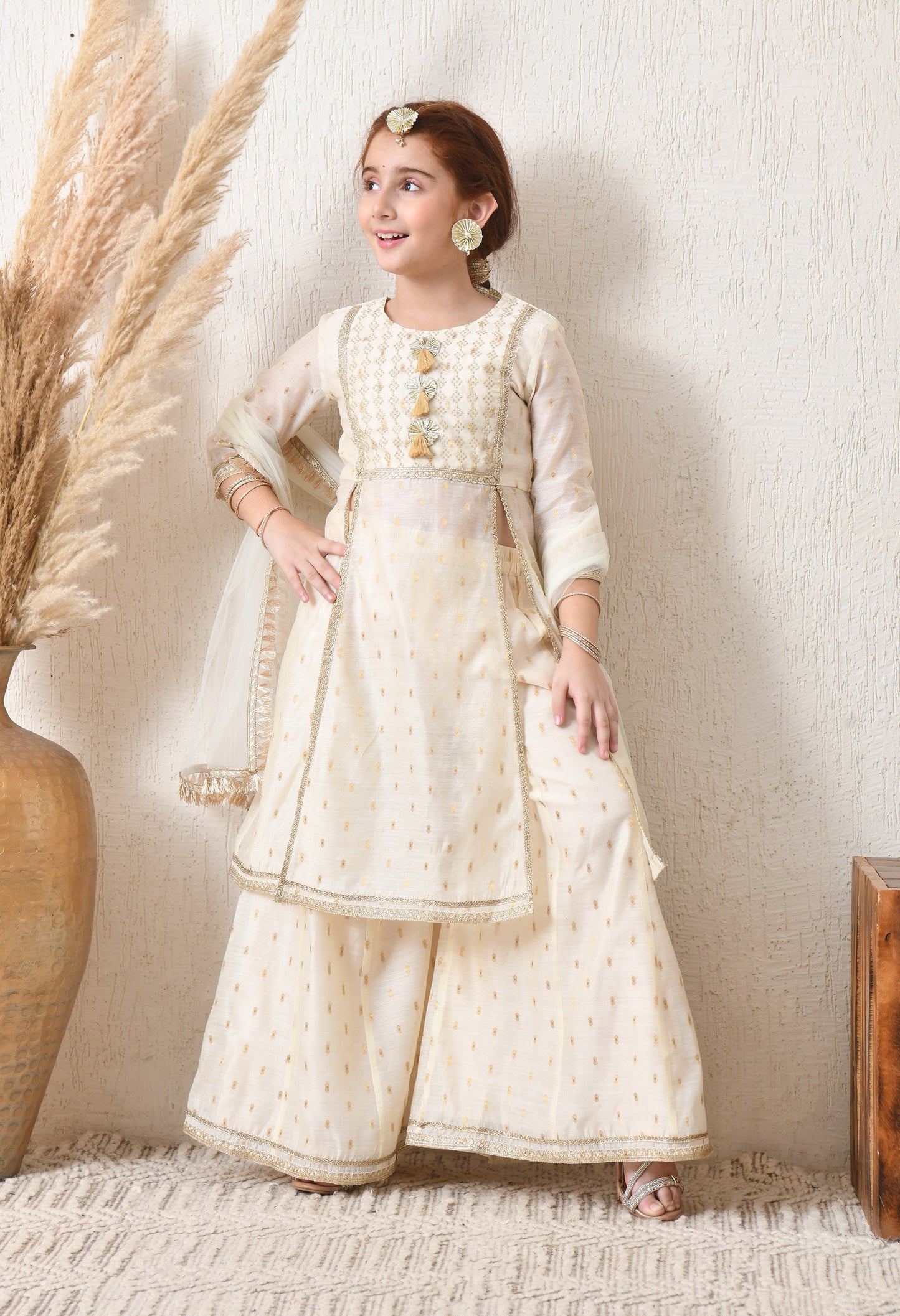 Girls' Cream & Gold Ethnic Sharara Set with Dupatta Festive Wear for Girls