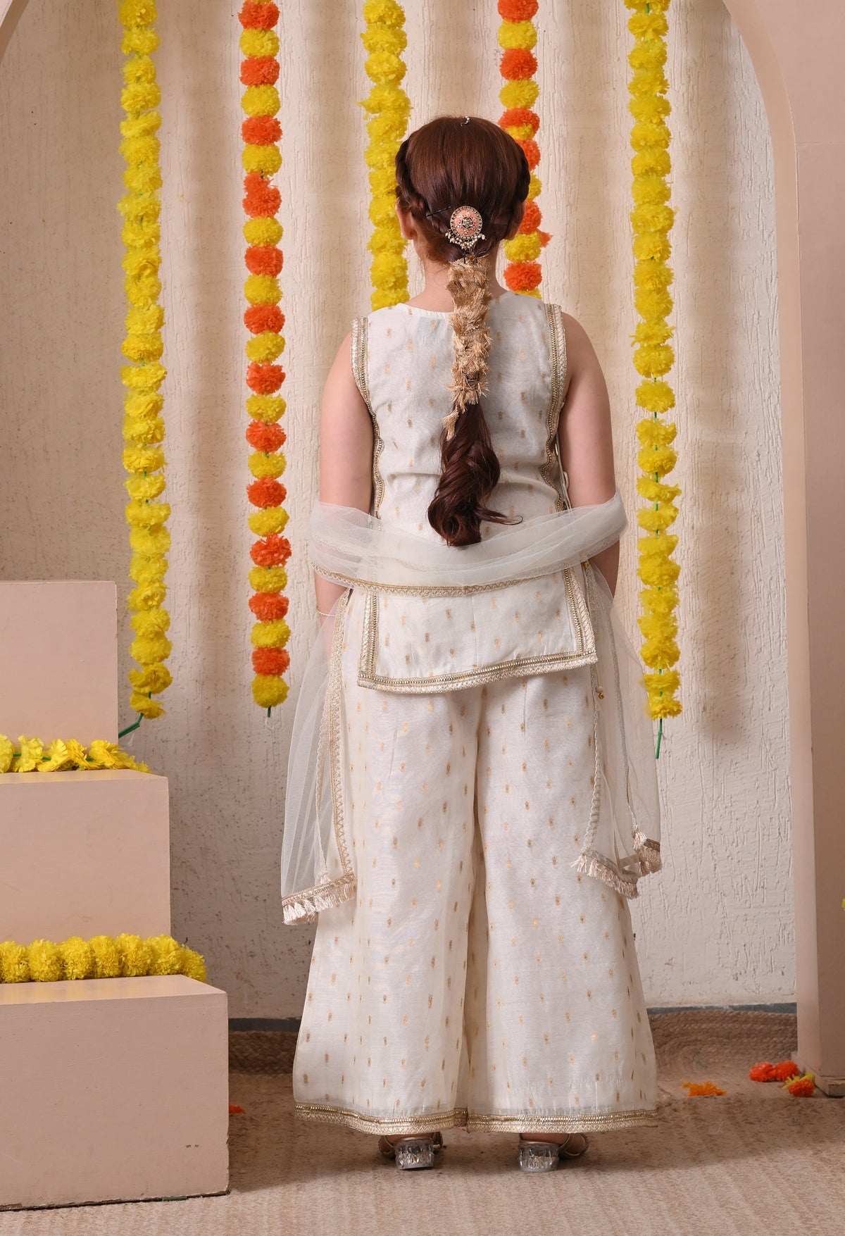 Girls Off White Ethnic Kurta Palazzo Set with Dupatta