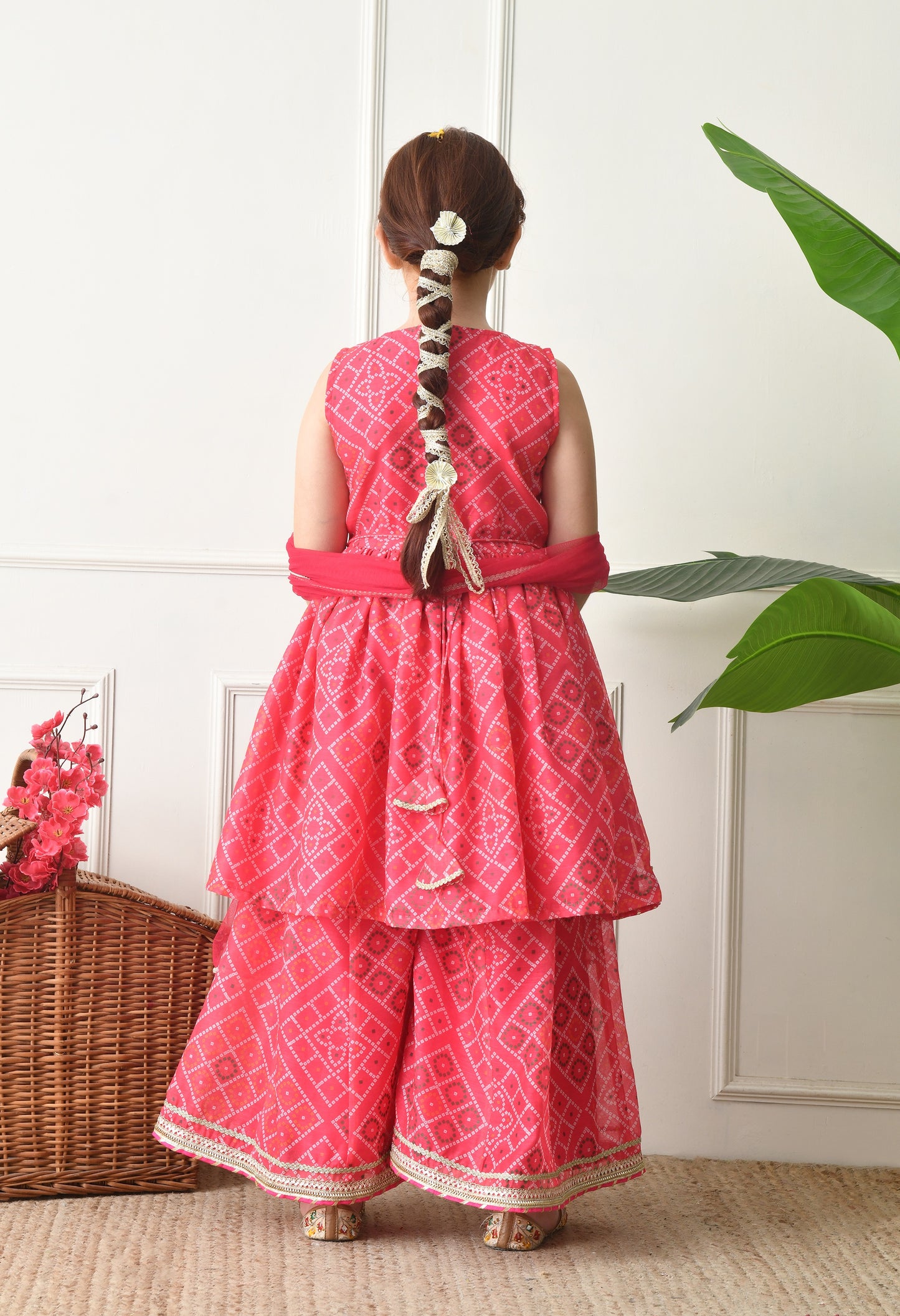 Girls Pink Bandhej printed Kurta with Sharara Set with Dupatta