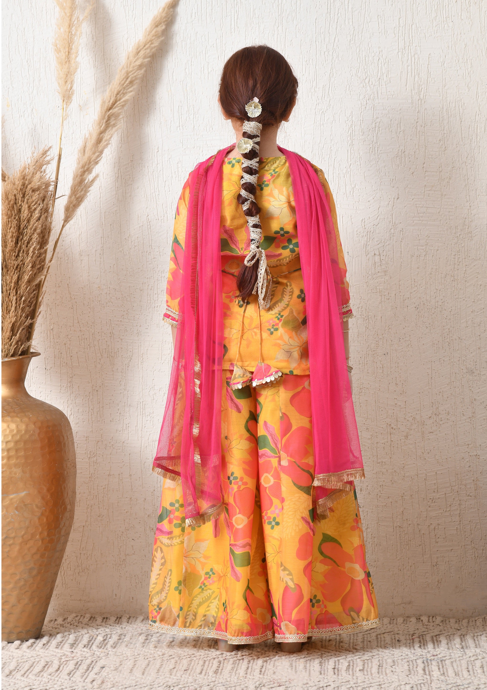 Girl Yellow Floral Printed Sharara Set with Pink Dupatta Festive Ethnic Wear 
