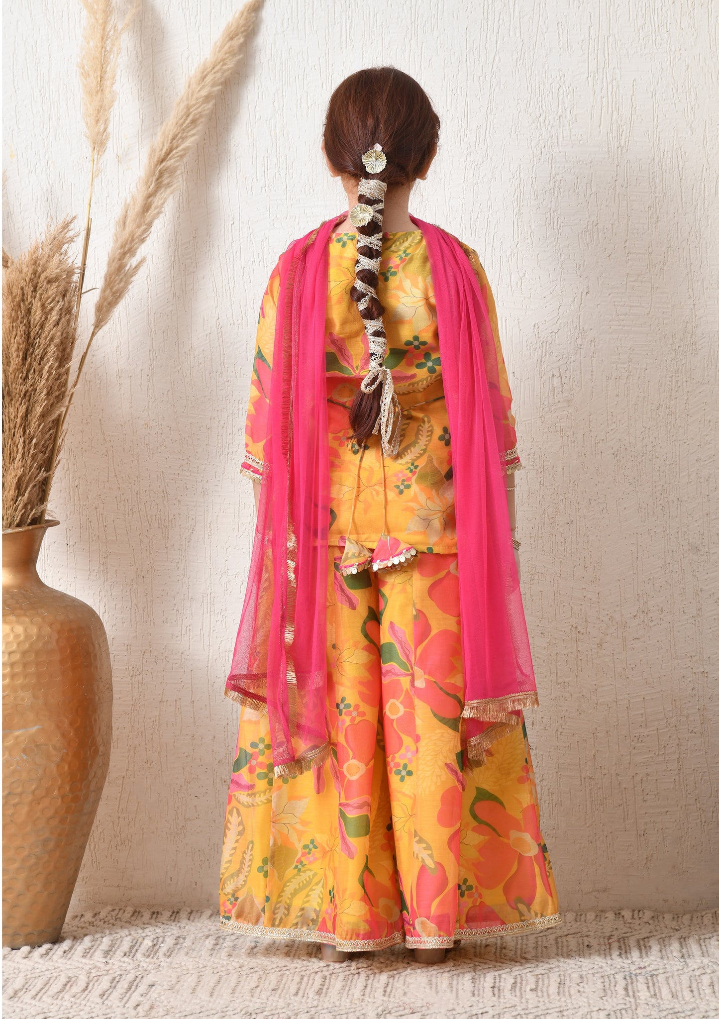Girl Yellow Floral Printed Sharara Set with Pink Dupatta Festive Ethnic Wear 