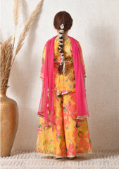 Girl Yellow Floral Printed Sharara Set with Pink Dupatta Festive Ethnic Wear 