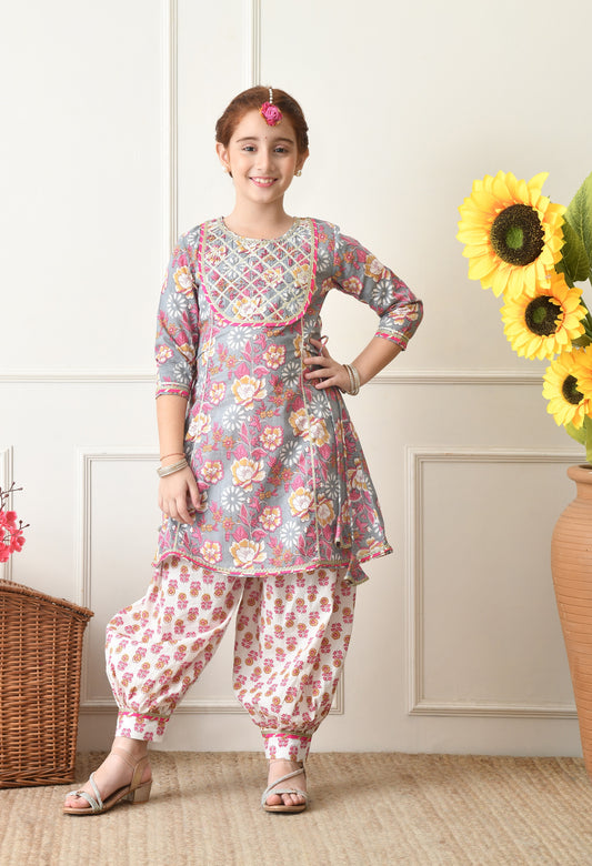 Girls' Grey Floral Printed Kurti with Patiala Set 2 Piece Traditional Outfit