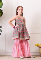 Girl's Green and Pink Floral Printed Sharara Set with Dupatta