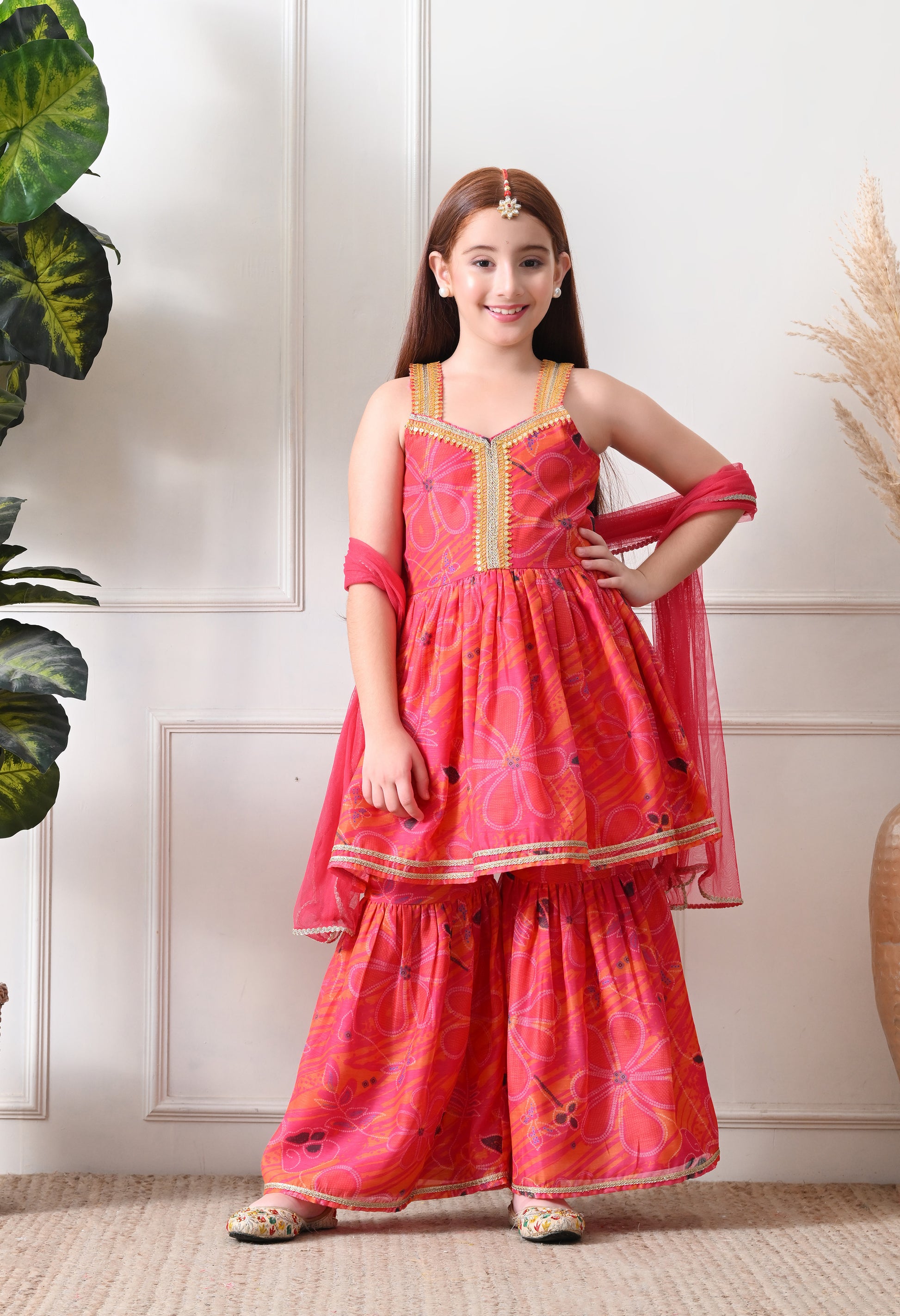 Girl's Pink Sleeveless Printed Kurta Sharara Set with Dupatta