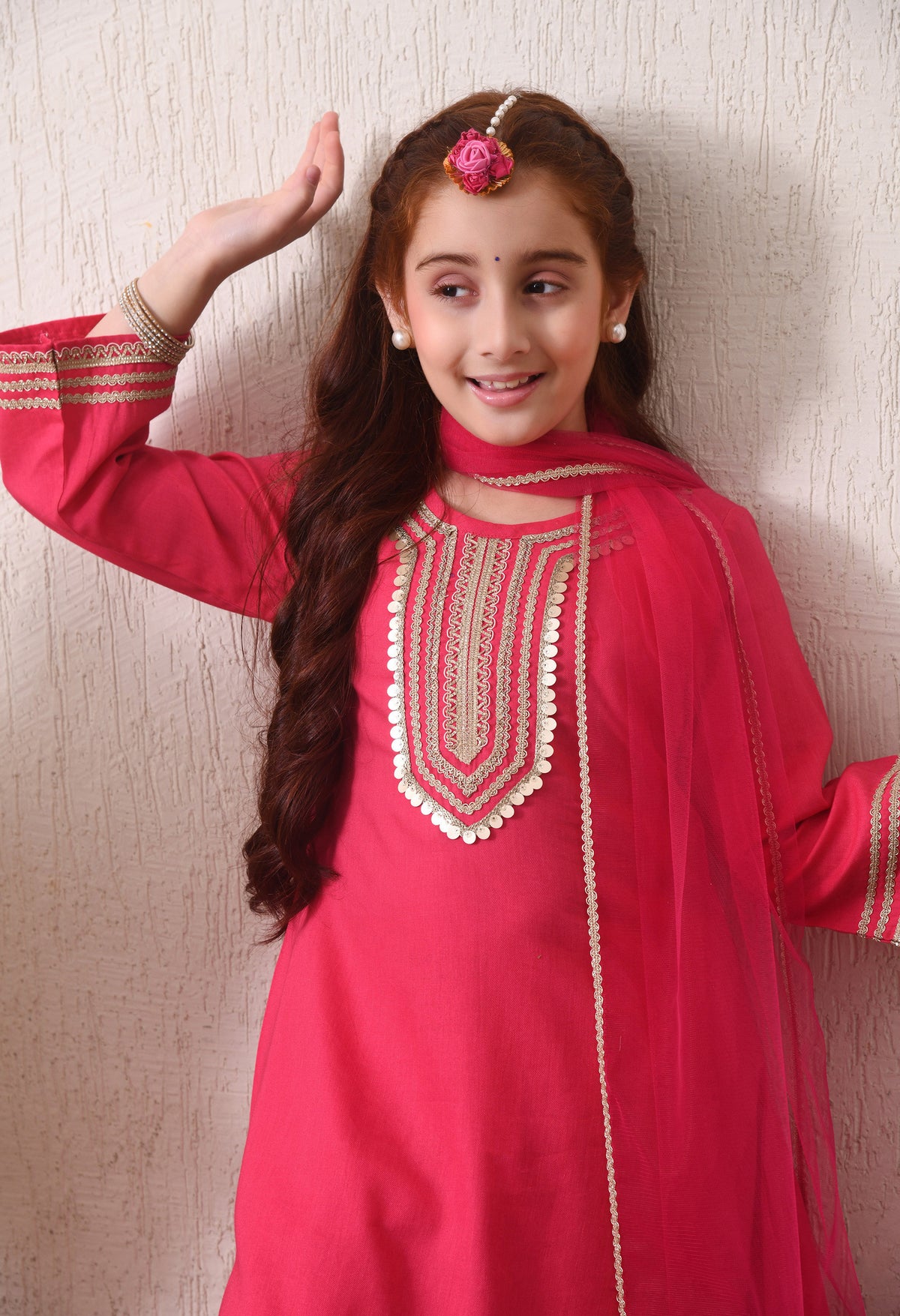 Girls Pink Kurta Pant Set with Dupatta