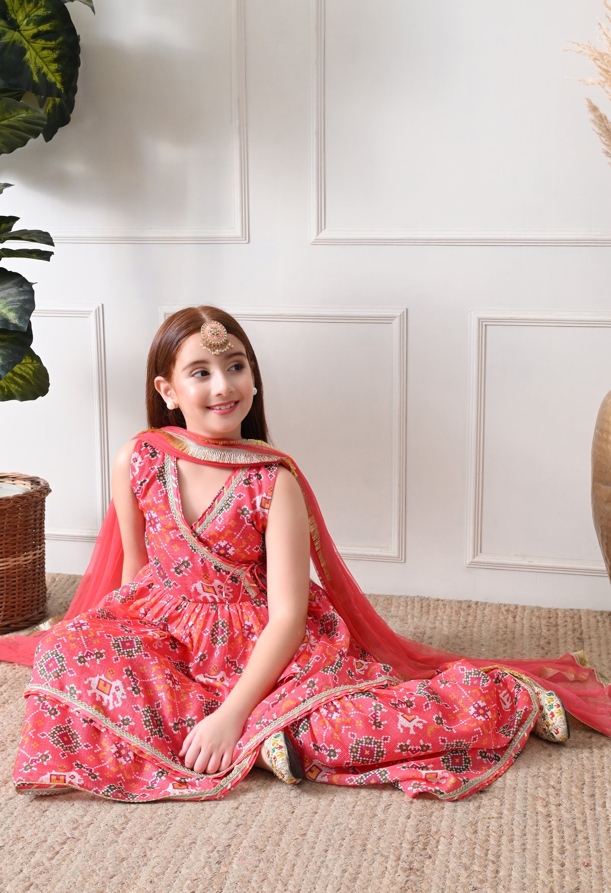 Girl's Peach Sleeveless Printed Kurta Sharara Set with Dupatta