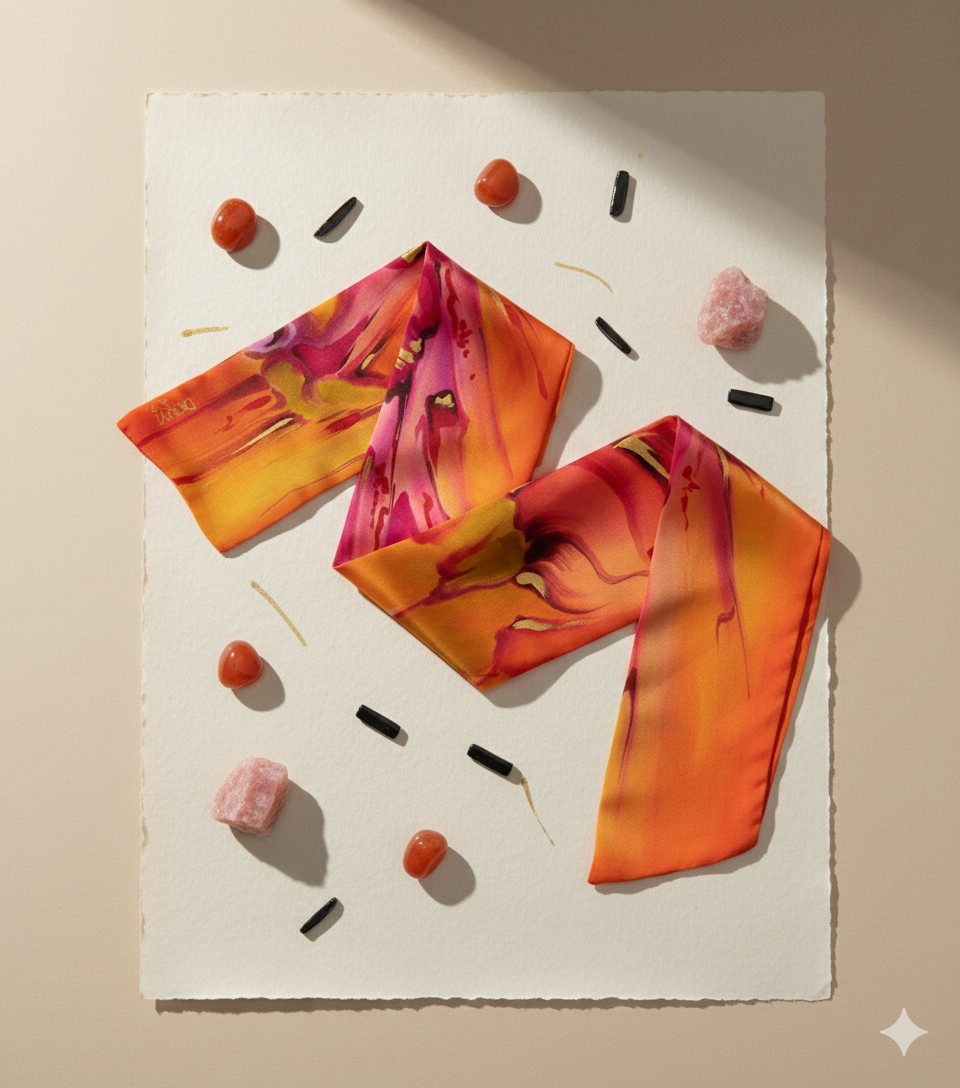 Orange Bloomers - Hand Painted Pure Silk Trending Twilly