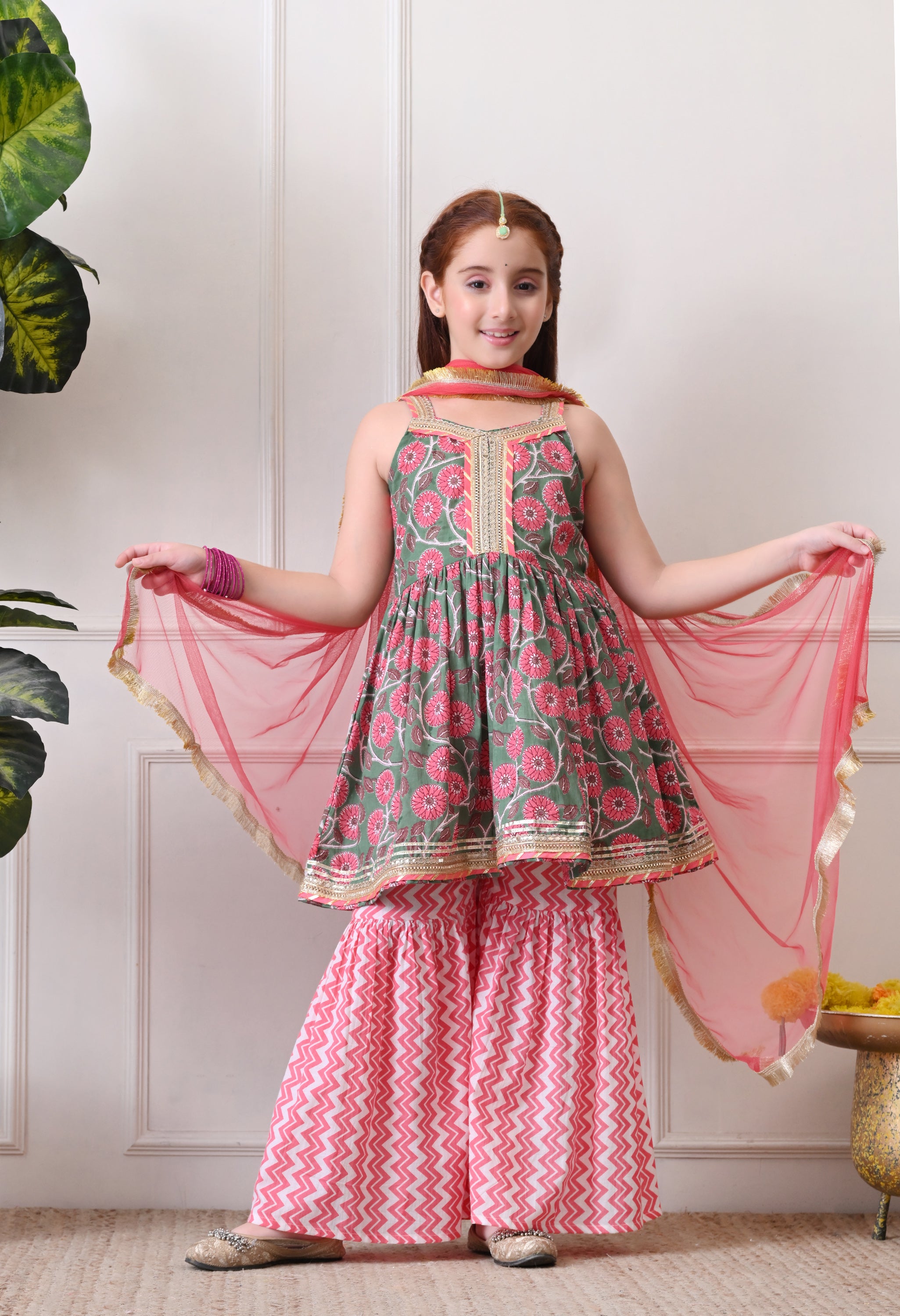 Girl's Green and Pink Floral Printed Sharara Set with Dupatta