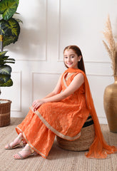 Girl's Orange Sleeveless Kurta Sharara Set with Dupatta
