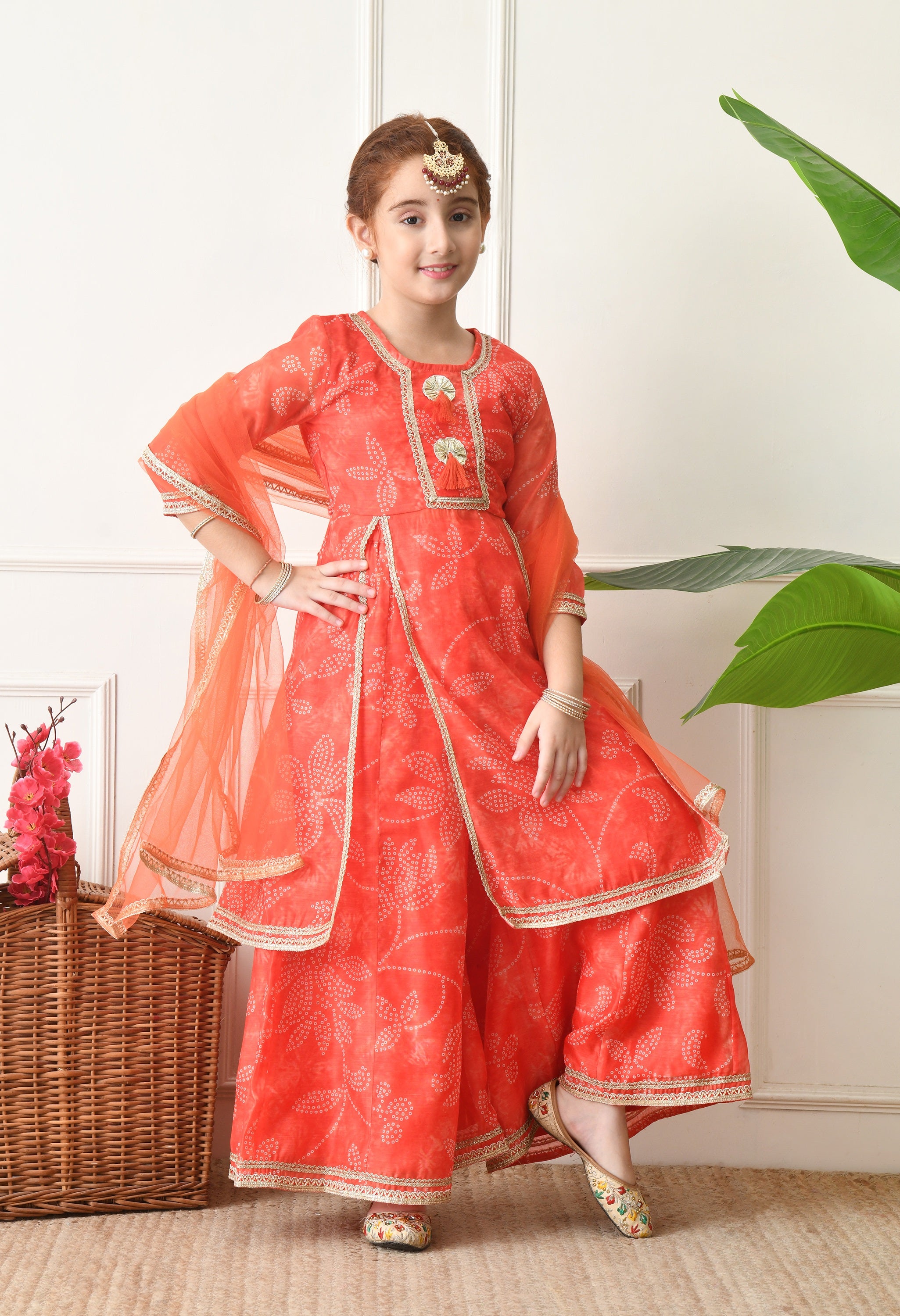 Girls Peach Floral Bandhej Printed Panelled Kurta Sharara Set with Dupatta