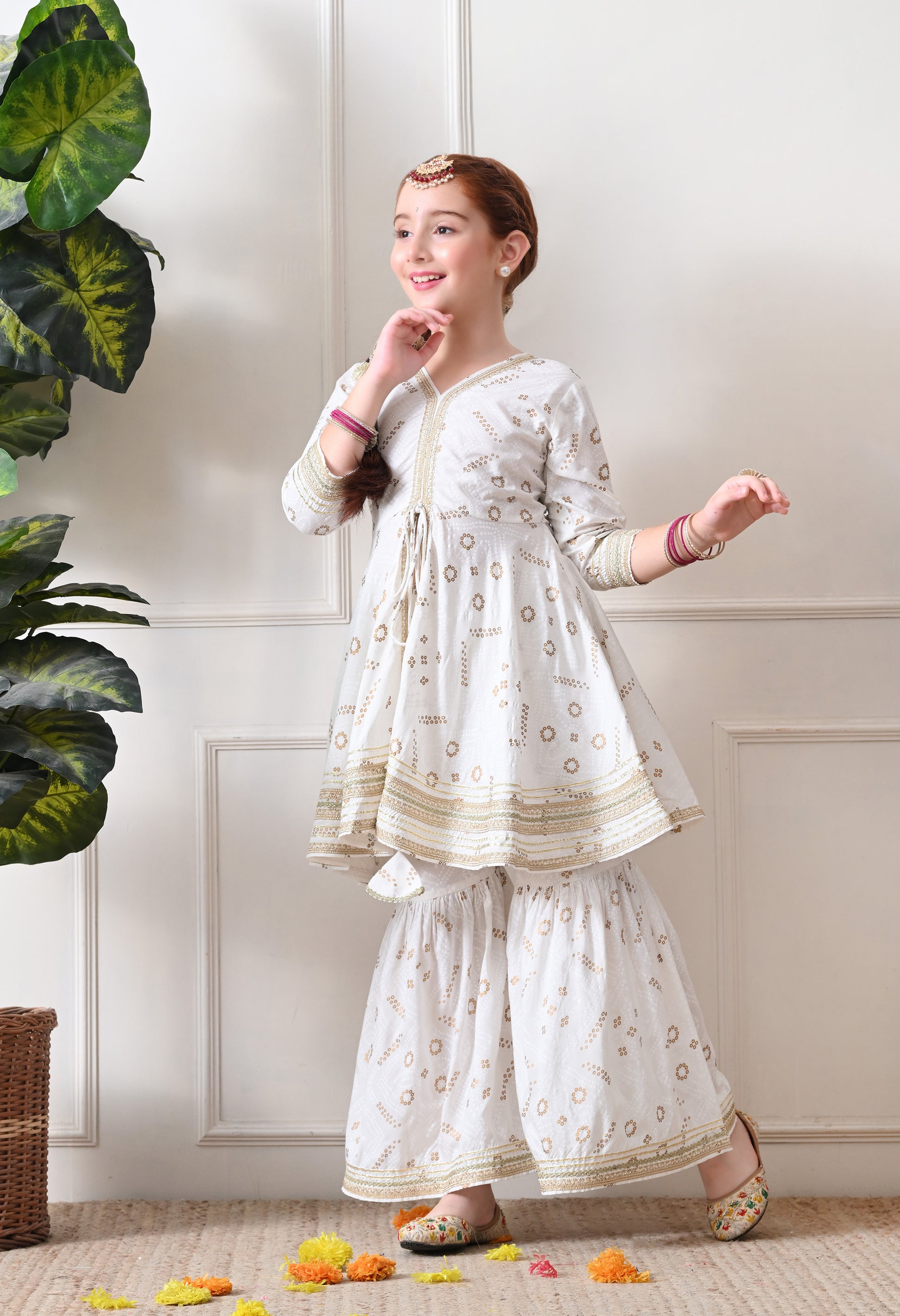 Girls Off White Bandhej foil print Kurta with Sharara Set