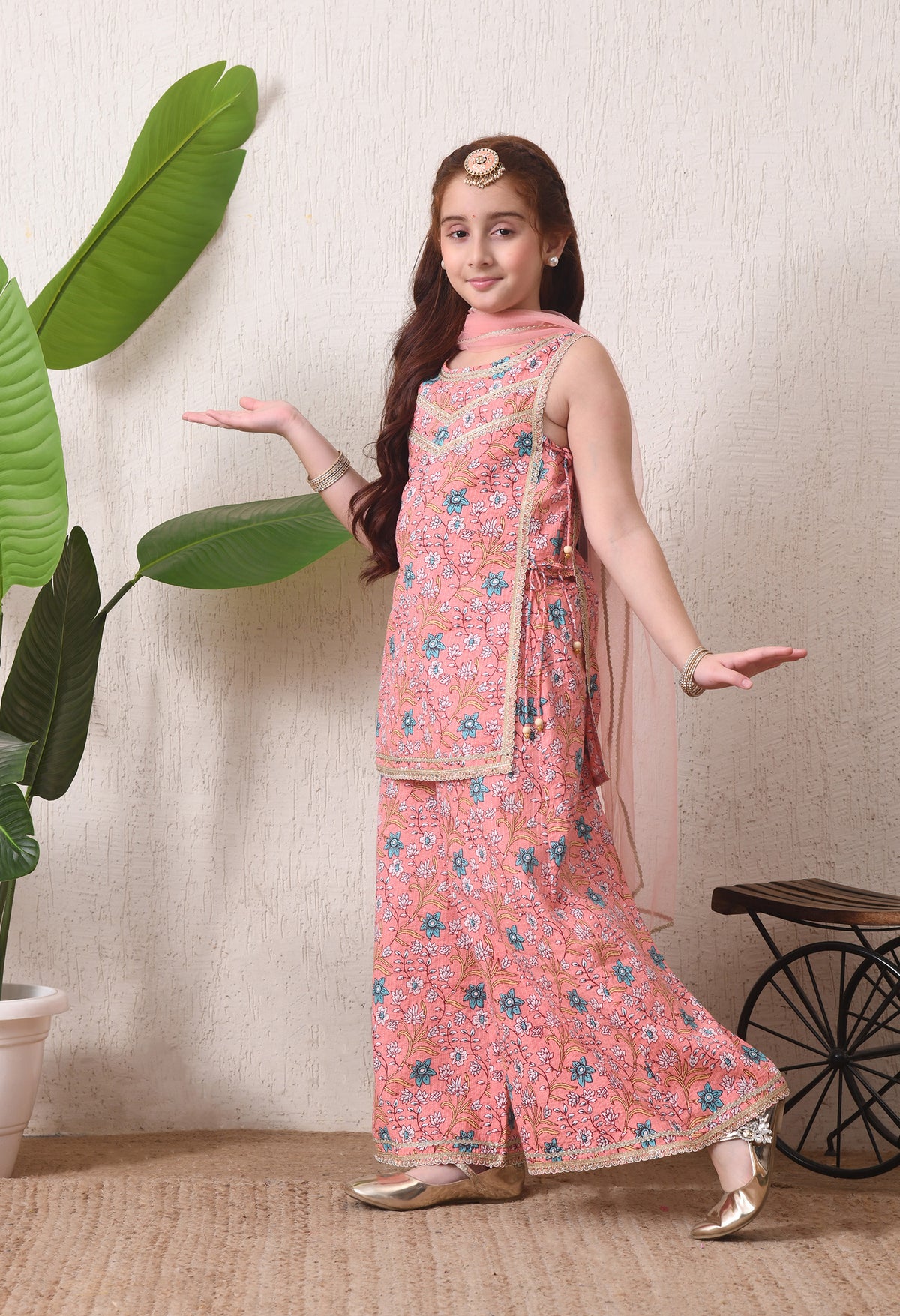 Girls Peach Floral Printed Kurta Sharara Set with Dupatta
