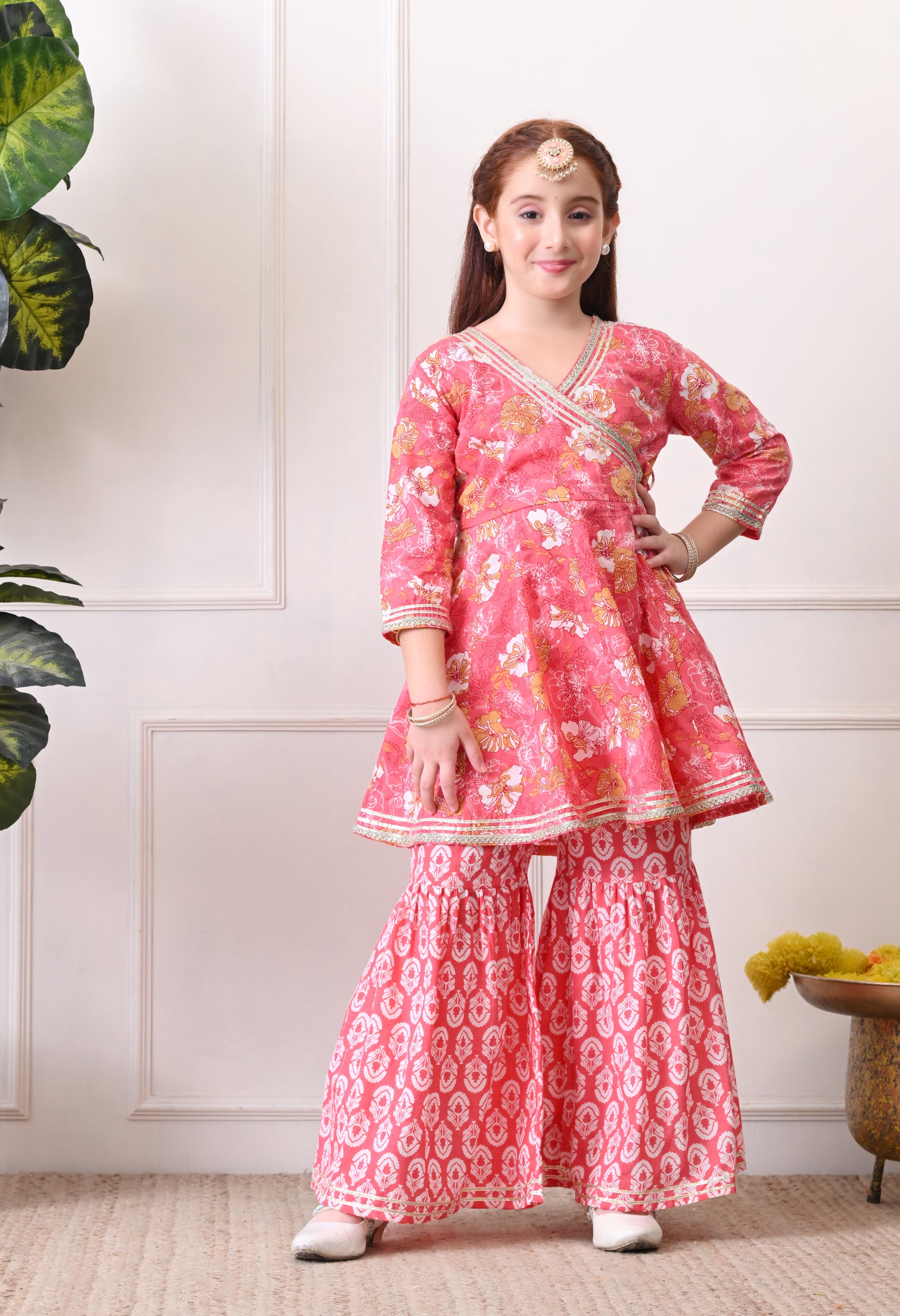 Girl's Pink Floral Printed Peplum Kurta with Sharara Set