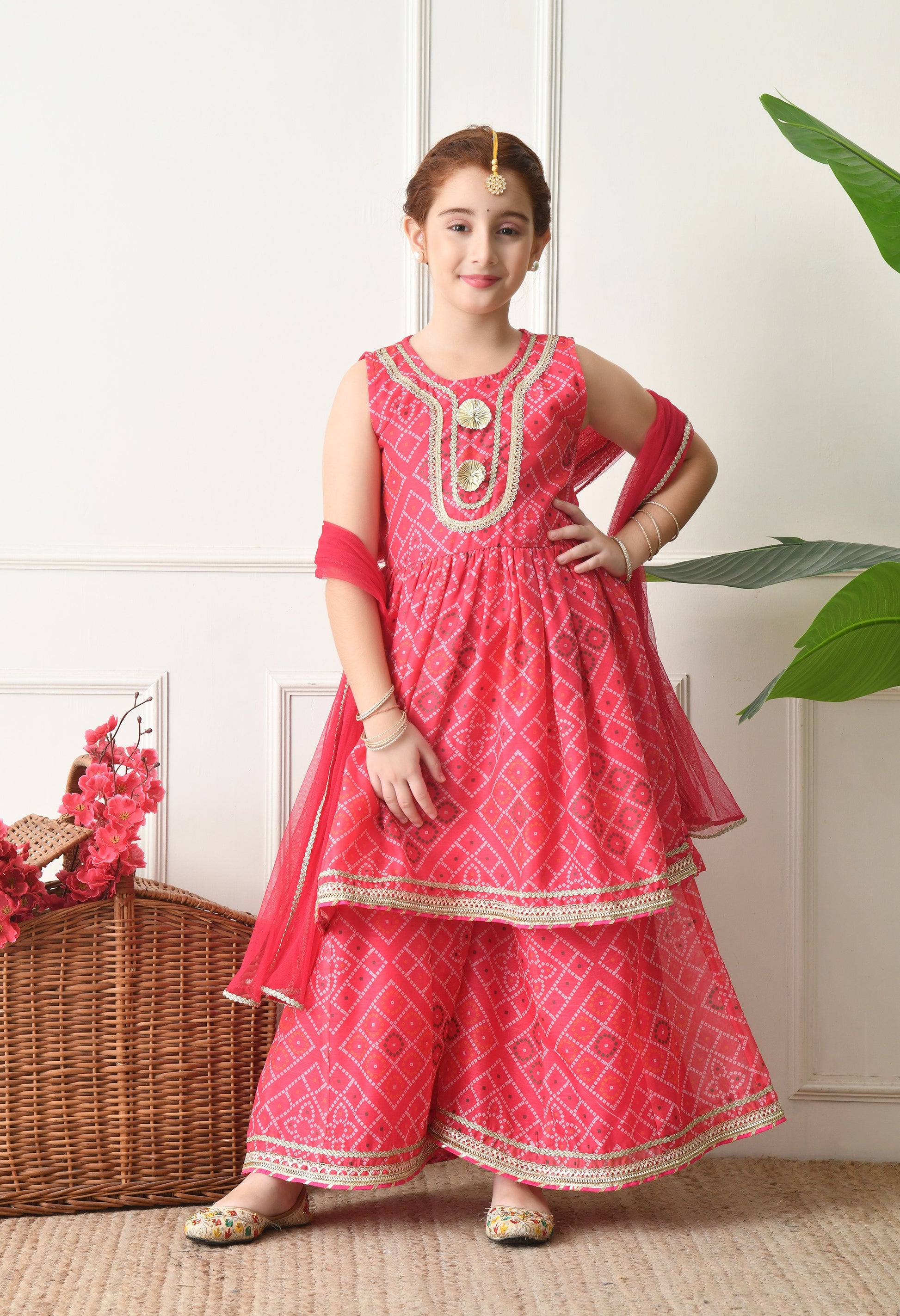 Girls Pink Bandhej printed Kurta with Sharara Set with Dupatta