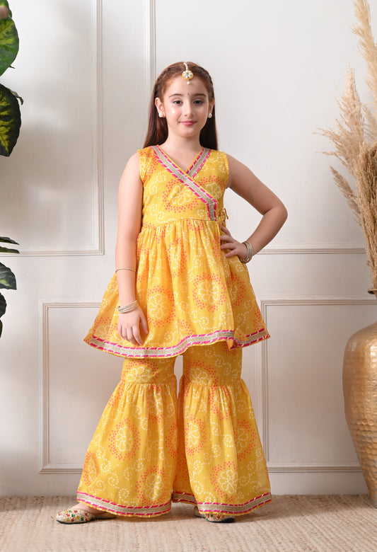 Girl's Yellow Bandhani Print Sleeveless Kurta Sharara Set with Dupatta