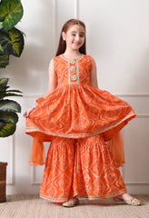 Girls Orange Bandhej foil print Kurta with Sharara Set with Dupatta
