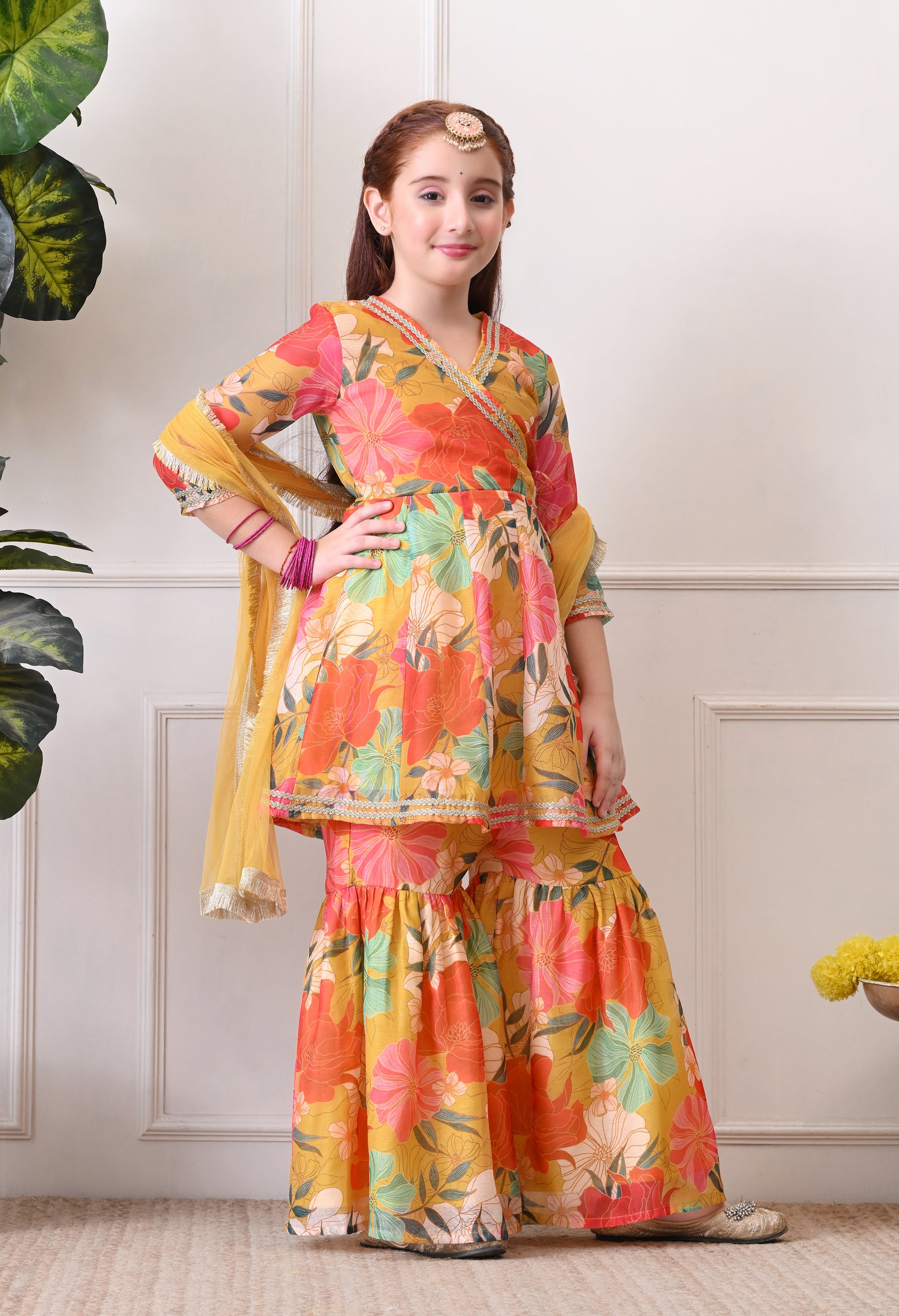 Girl's Yellow Multicolor Floral Printed Angrakha Kurta Sharara Set with Dupatta