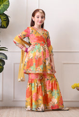 Girl's Yellow Multicolor Floral Printed Angrakha Kurta Sharara Set with Dupatta