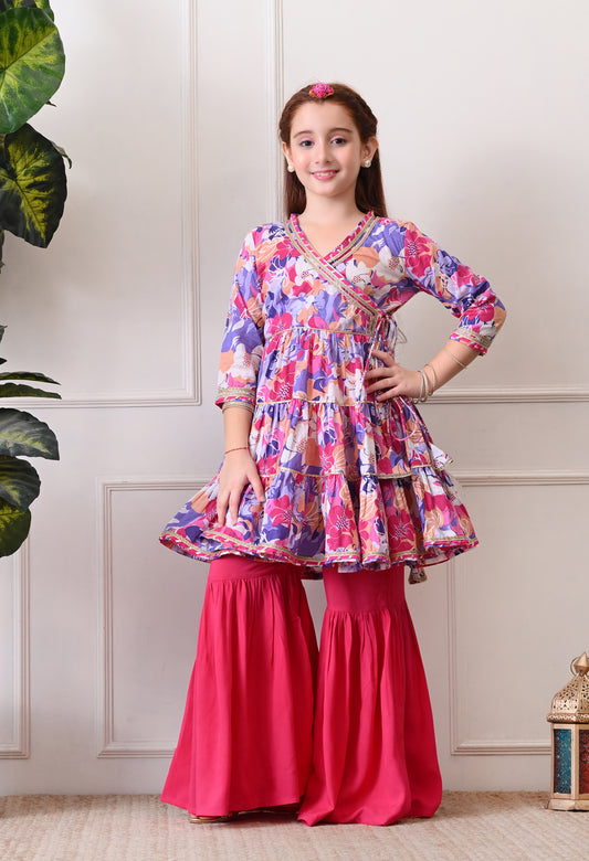 Girl's Multicolor Floral Peplum Tiered Kurta with Sharara Festive Fusion Set