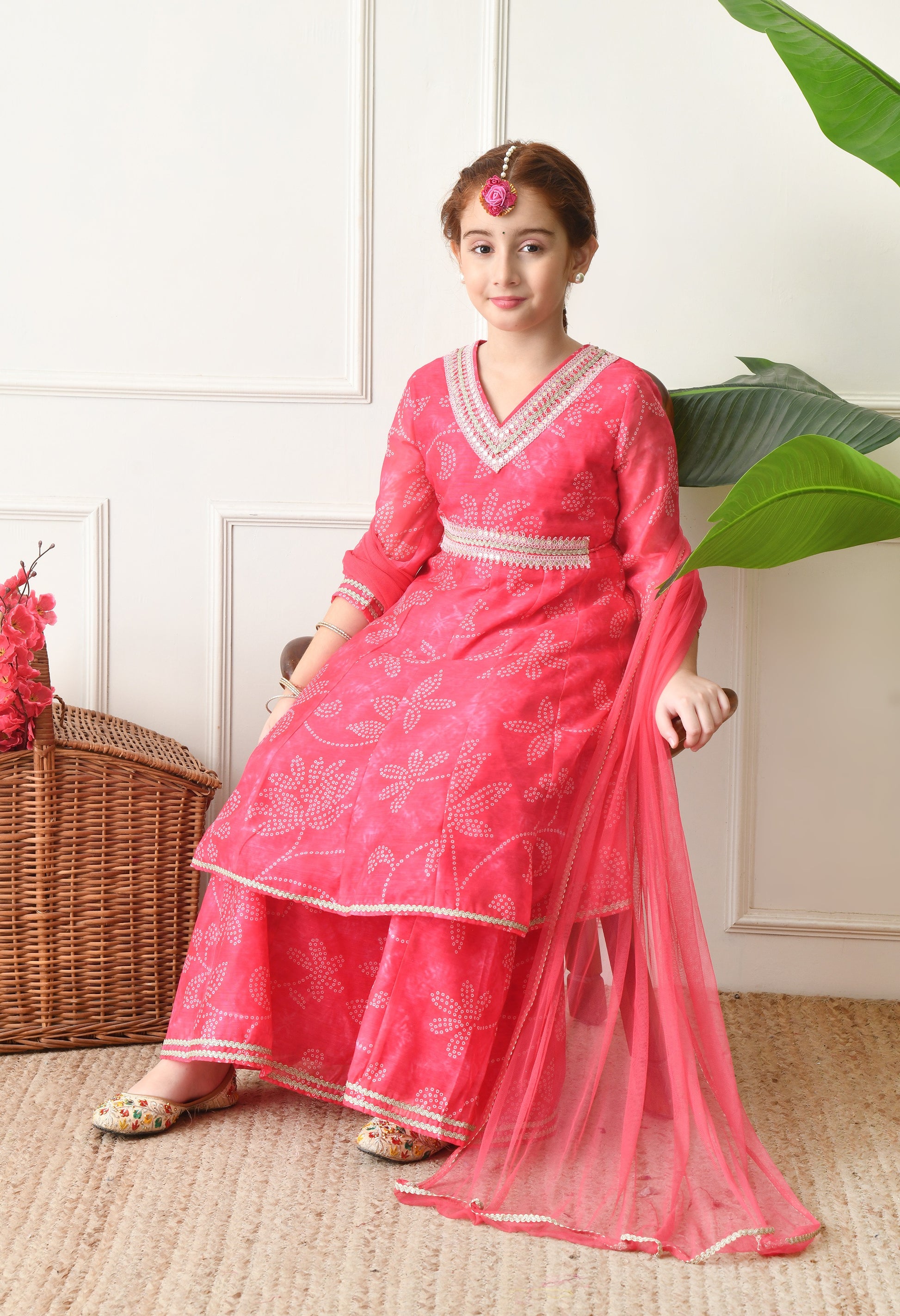 Girls Pink Bandhani Printed Layered Sharara Set with Dupatta