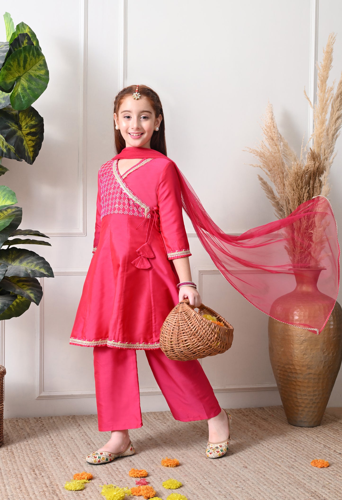 Girl's Pink Angrakha Kurta and Pant Set with Dupatta