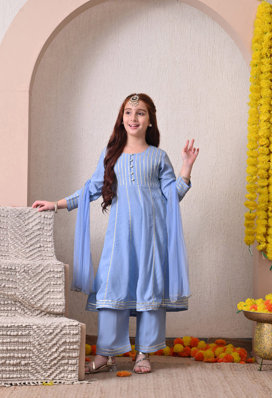 Girls Sky Blue Kurta Set with Dupatta