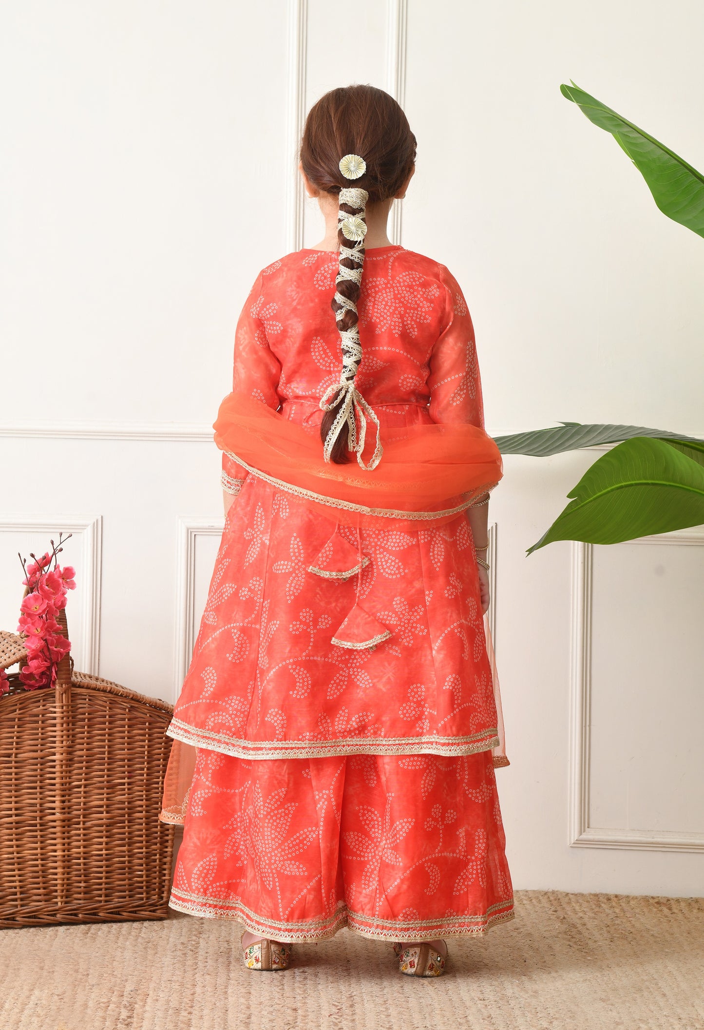 Girls Peach Floral Bandhej Printed Panelled Kurta Sharara Set with Dupatta