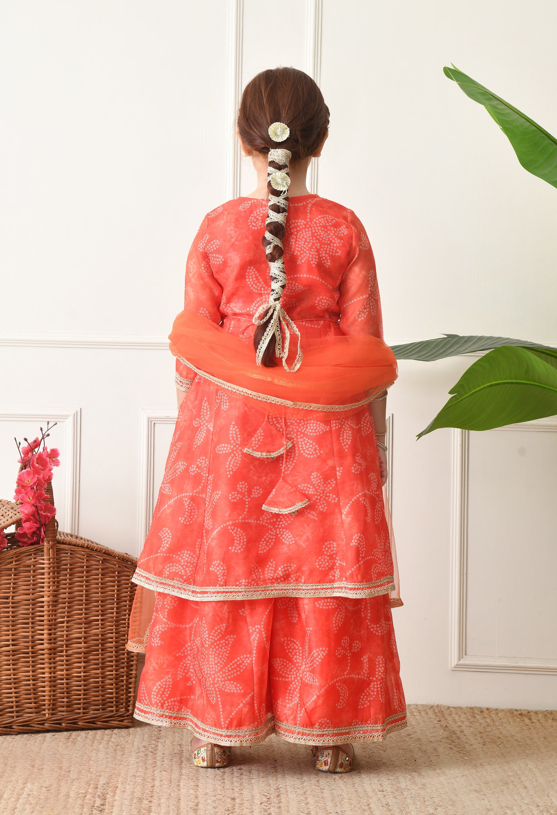 Girls Peach Floral Bandhej Printed Panelled Kurta Sharara Set with Dupatta
