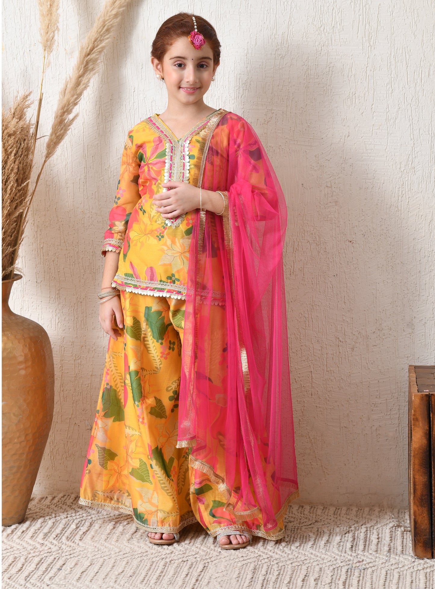 Girl Yellow Floral Printed Sharara Set with Pink Dupatta Festive Ethnic Wear 