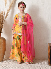Girl Yellow Floral Printed Sharara Set with Pink Dupatta Festive Ethnic Wear 