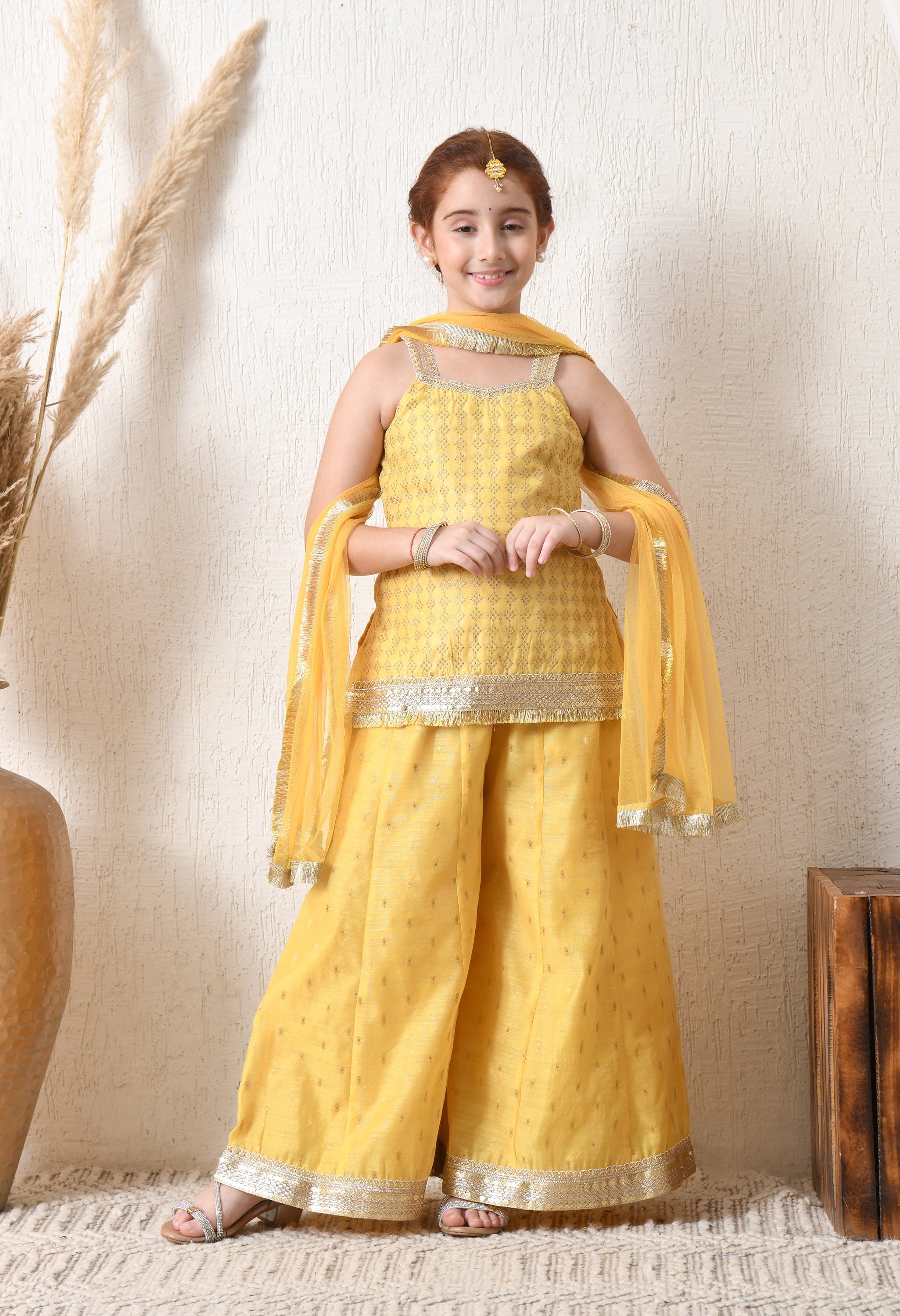 Girls Yellow Ethnic Sharara Set with Dupatta Festive Ethnic Wear for Girls