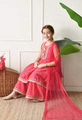 Girls Pink Bandhej printed Kurta with Sharara Set with Dupatta
