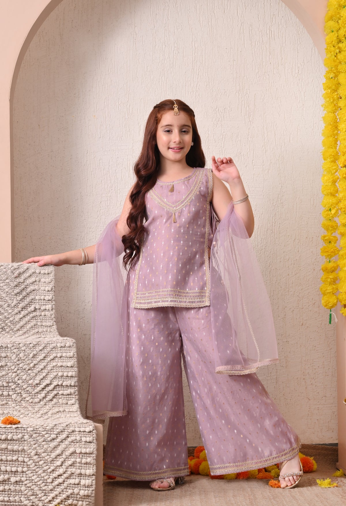 Girls Lavender Ethnic Kurta Palazzo Set with Dupatta