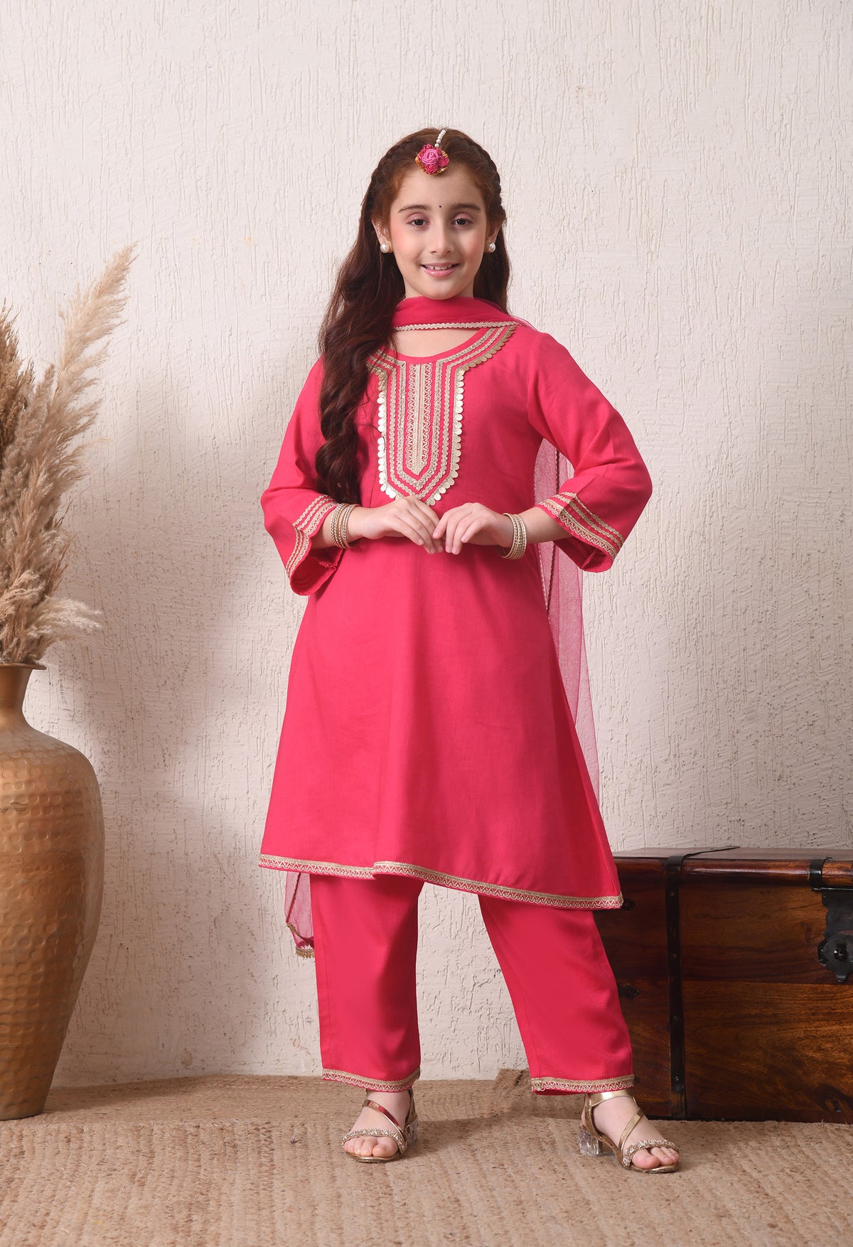 Girls Pink Kurta Pant Set with Dupatta