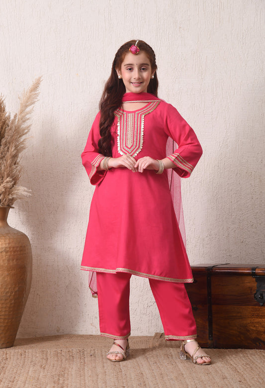 Girls Pink Kurta Pant Set with Dupatta