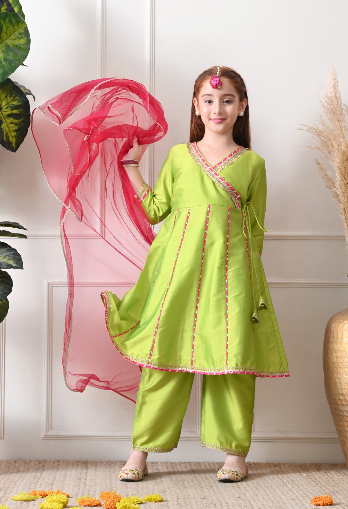 Girl's Lime Green Wrap Style Kurta Set with Contrasting Pink Dupatta