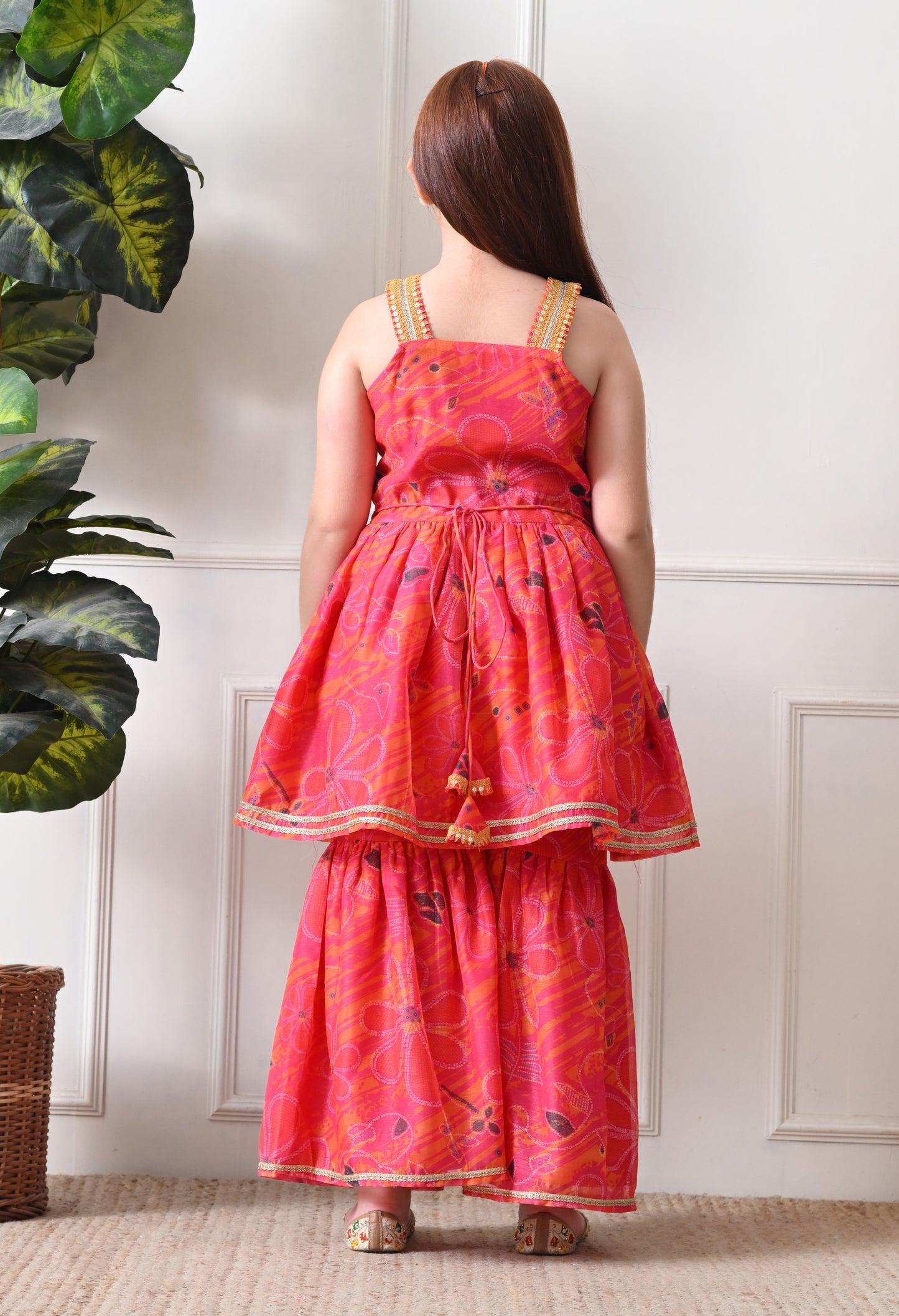 Girl's Pink Sleeveless Printed Kurta Sharara Set with Dupatta