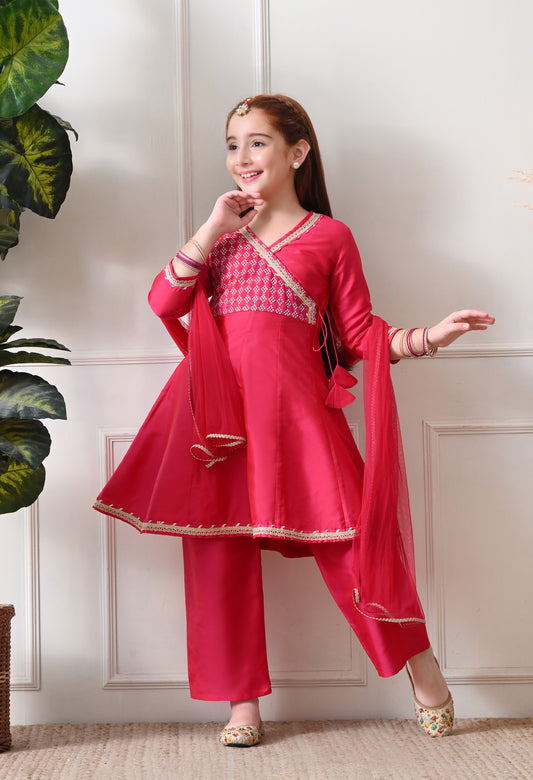 Girl's Pink Angrakha Kurta and Pant Set with Dupatta