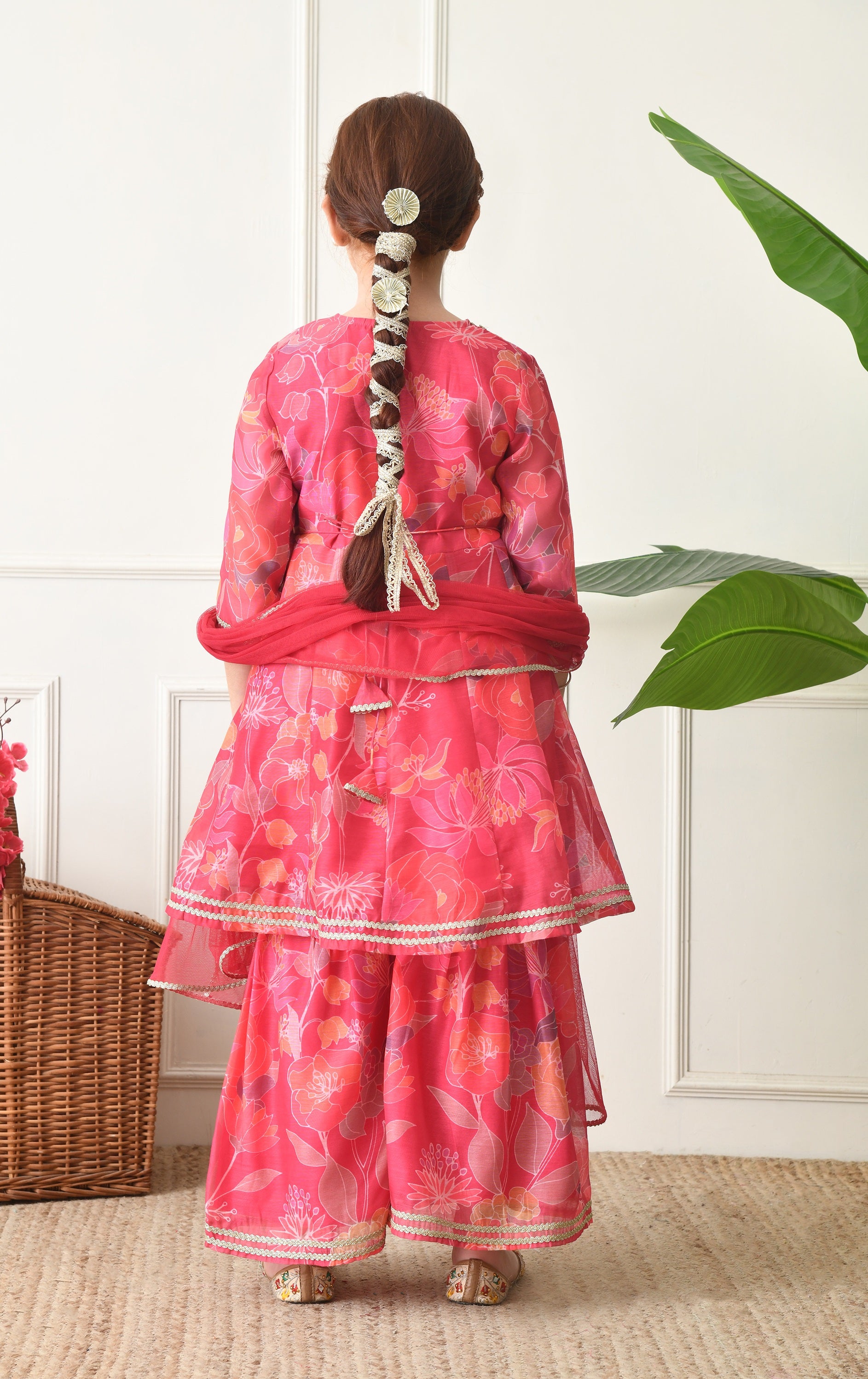 Girls Pink Floral Printed Angrakha Sharara Set with Dupatta