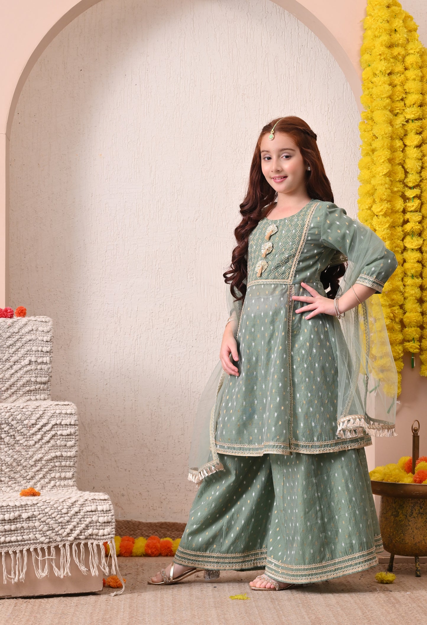 Girls Green Kurta Sharara Set with Dupatta