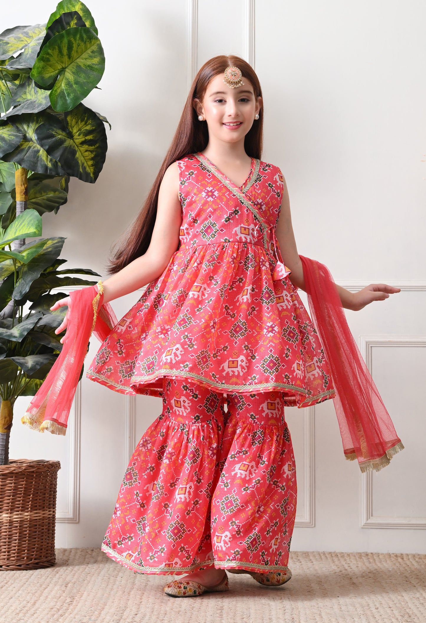 Girl's Peach Sleeveless Printed Kurta Sharara Set with Dupatta