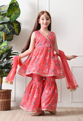 Girl's Peach Sleeveless Printed Kurta Sharara Set with Dupatta