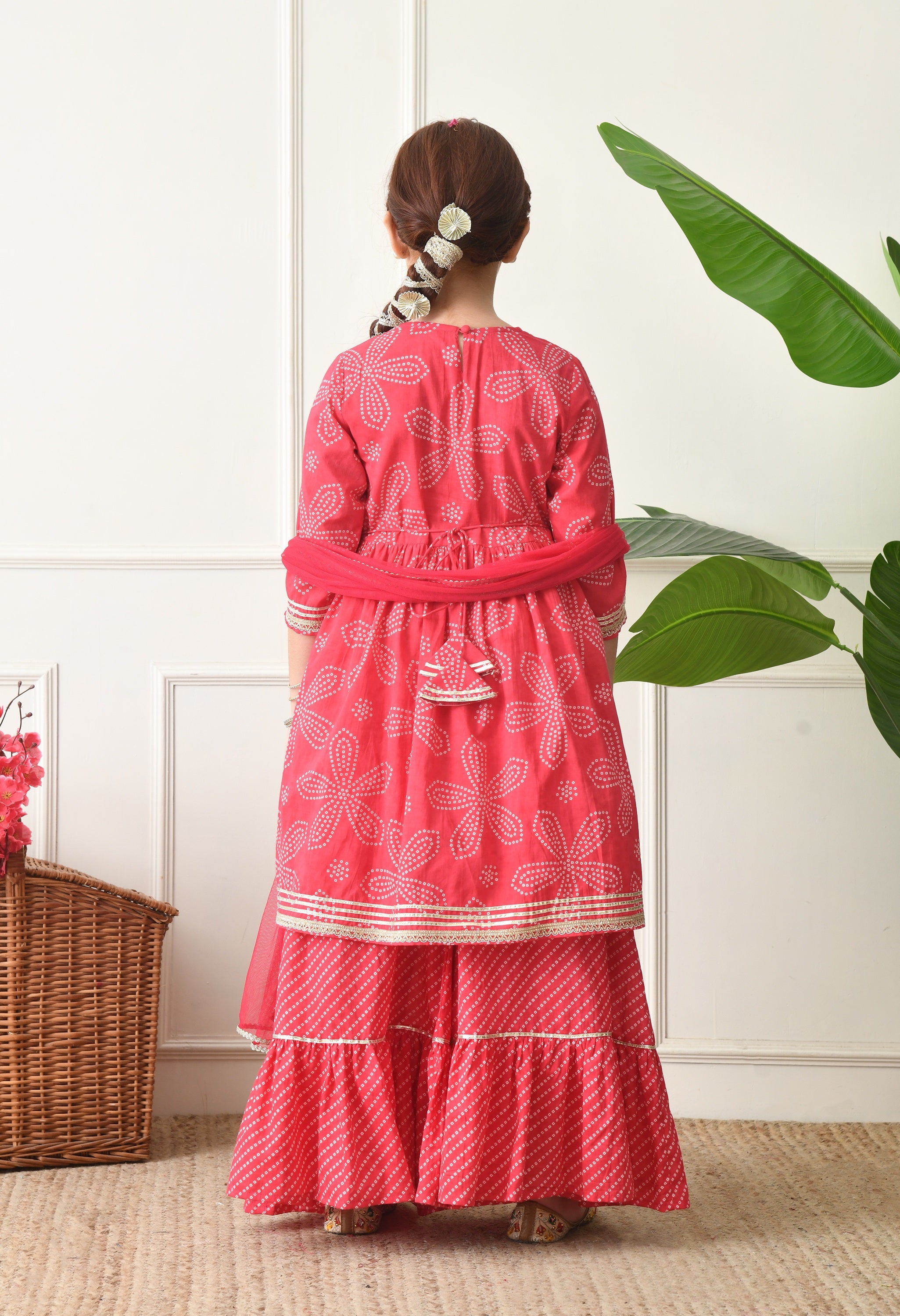 Girls Red Bandhej Print Sharara Set with Dupatta Festive Wear for Girls